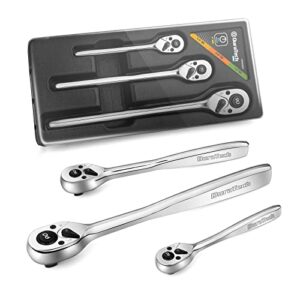 duratech 3-piece ratchet set, 1/4", 3/8", 1/2" drive, 90-tooth, quick-release, contour handle designed for better grip, alloy steel, organized in plastic tray