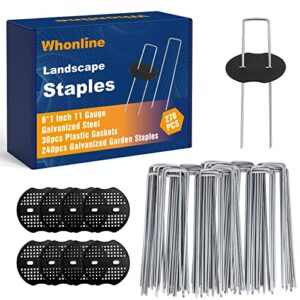 whonline 270pcs 6 inch landscape staples set, 240pcs ground stakes and 30pcs gasket, 11 gauge galvanized garden stakes for weed barrier irrigation tubing garden decor