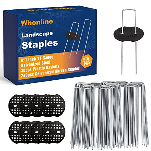 Whonline 270pcs 6 Inch Landscape Staples Set, 240pcs Ground Stakes and 30pcs Gasket, 11 Gauge Galvanized Garden Stakes for Weed Barrier Irrigation Tubing Garden Decor