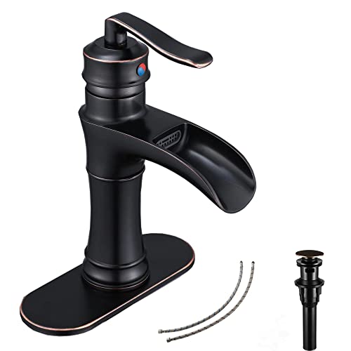 Oil Rubbed Bronze Bathroom Faucet GGStudy Waterfall Single Handle One Hole Farmhouse Bronze Bathroom Vanity Faucet Basin Mixter Tap Deck Mount with Drain Assembly