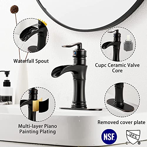 Oil Rubbed Bronze Bathroom Faucet GGStudy Waterfall Single Handle One Hole Farmhouse Bronze Bathroom Vanity Faucet Basin Mixter Tap Deck Mount with Drain Assembly
