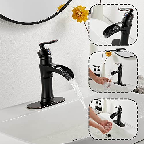 Oil Rubbed Bronze Bathroom Faucet GGStudy Waterfall Single Handle One Hole Farmhouse Bronze Bathroom Vanity Faucet Basin Mixter Tap Deck Mount with Drain Assembly