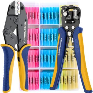 haisstronica crimping tool for heat shrink set with 200pcs awg 22-10 marine grade butt connectors and wire stripper