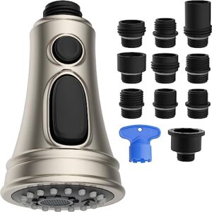 hibbent kitchen faucet head replacement, pull down faucet spray head, 3 function faucet sprayer nozzle with 10 adapters compatible with moen, american standard, delta, kohler faucets, brushed nickel