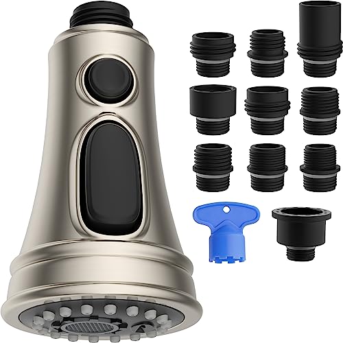 Hibbent Kitchen Faucet Head Replacement, Pull Down Faucet Spray Head, 3 Function Faucet Sprayer Nozzle with 10 Adapters Compatible with Moen, American Standard, Delta, Kohler Faucets, Brushed Nickel