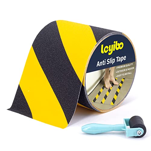 Leyibo Anti Slip Tape with Roller, 5” x 35Ft, Non Slip Safety Grip Tape for Stair Step Outdoor/Indoor, Waterproof Non Skid Tape for Bathtub, Boat, Pool, Comfortable for Bare Feet, Caution Yellow/Black