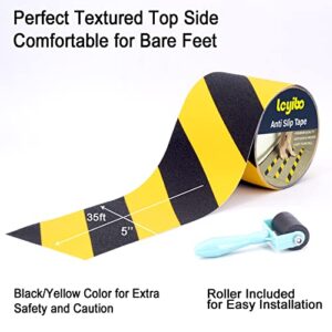 Leyibo Anti Slip Tape with Roller, 5” x 35Ft, Non Slip Safety Grip Tape for Stair Step Outdoor/Indoor, Waterproof Non Skid Tape for Bathtub, Boat, Pool, Comfortable for Bare Feet, Caution Yellow/Black