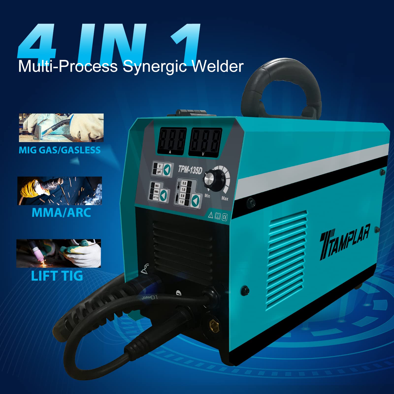 TTAMPLAR MIG Welder - 4 in 1 Flux MIG/Solid Wire/Stick ARC/Lift TIG 135D Gas/Gasless welding, 110V&220V Dual Voltage IGBT Inverter Welding Machine