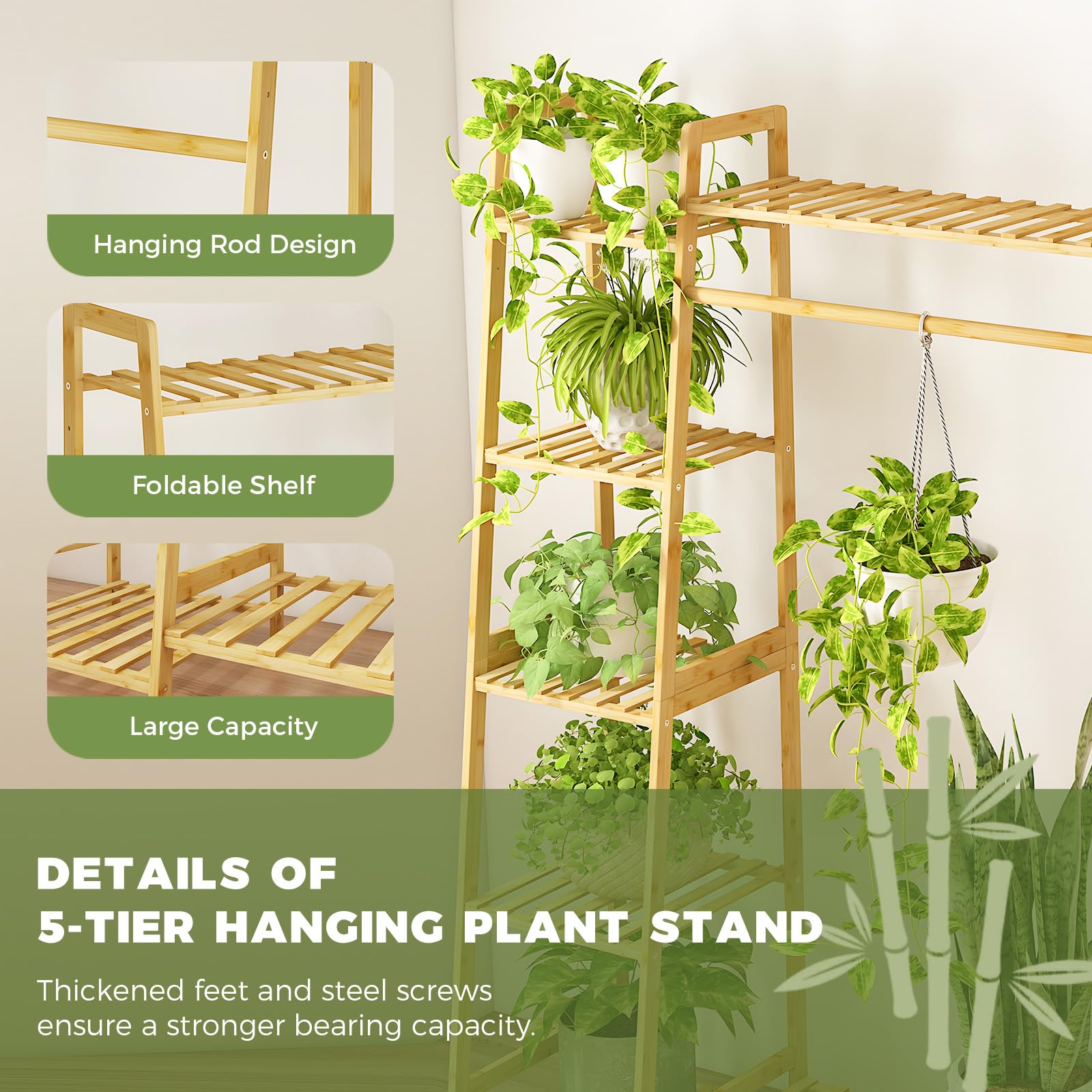 Bamworld Hanging Large Plant Stand Indoor, Bamboo Tall Plant Shelf for Multiple Plants, Ladder Coat Flower Rack for Window Garden Balcony Home Decor Living Room Bedroom