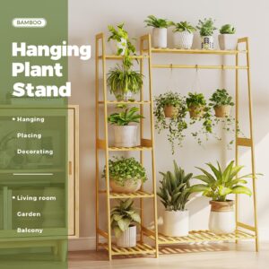 Bamworld Hanging Large Plant Stand Indoor, Bamboo Tall Plant Shelf for Multiple Plants, Ladder Coat Flower Rack for Window Garden Balcony Home Decor Living Room Bedroom