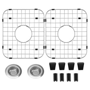 4 pack sink protectors for kitchen sink with center drain hole, 13.7"x11.6" stainless steel kitchen sink bottom grid 2pcs with 2pcs sink strainers (silver)