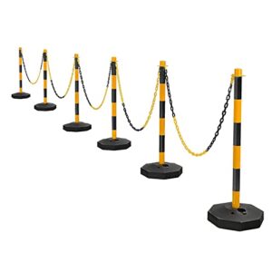 6 pack traffic delineator post cones with fillable base, adjustable traffic safety barrier pe plastic construction caution road stanchions with 5ft plastic chain for warning & crowd control