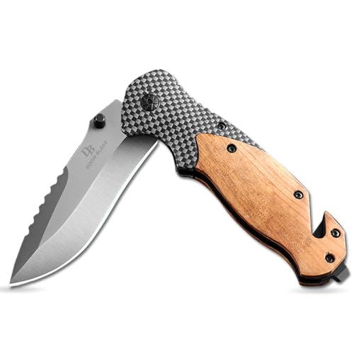 DOOM BLADE 3.35" Blade Pocket Folding Knife with Glass Breaker, Seatbelt Cutter and Pocket Clip,EDC Knife with wood handle Sharp Tactical Camping Survival Hiking Knives (Type1)