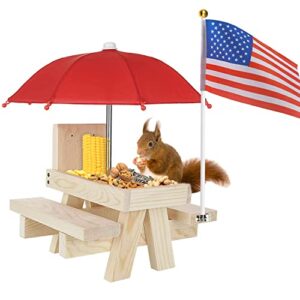 squirrel feeder, meixinzhi wooden squirrel feeders for outside with umbrella, flag, corn cob holder, solid structure; squirrel picnic table feeder are a gift for squirrel and chipmunk lovers