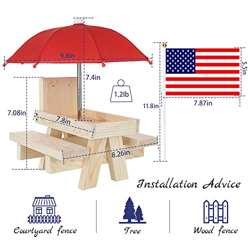 Squirrel Feeder, MEIXINZHI Wooden Squirrel Feeders for Outside with Umbrella, Flag, Corn Cob Holder, Solid Structure; Squirrel Picnic Table Feeder are a Gift for Squirrel and Chipmunk Lovers