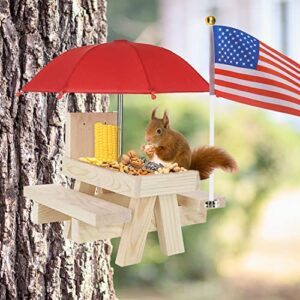 Squirrel Feeder, MEIXINZHI Wooden Squirrel Feeders for Outside with Umbrella, Flag, Corn Cob Holder, Solid Structure; Squirrel Picnic Table Feeder are a Gift for Squirrel and Chipmunk Lovers