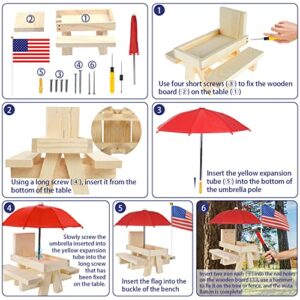 Squirrel Feeder, MEIXINZHI Wooden Squirrel Feeders for Outside with Umbrella, Flag, Corn Cob Holder, Solid Structure; Squirrel Picnic Table Feeder are a Gift for Squirrel and Chipmunk Lovers