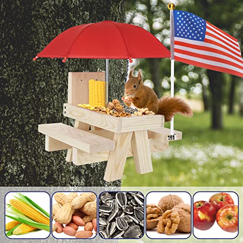 Squirrel Feeder, MEIXINZHI Wooden Squirrel Feeders for Outside with Umbrella, Flag, Corn Cob Holder, Solid Structure; Squirrel Picnic Table Feeder are a Gift for Squirrel and Chipmunk Lovers