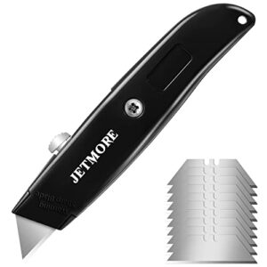 jetmore box cutter utility knife, box cutter retractable, heavy duty razor knife with extra 10 sk5 blades, black box cutters box opener, aluminum shell box cutter knife box knife