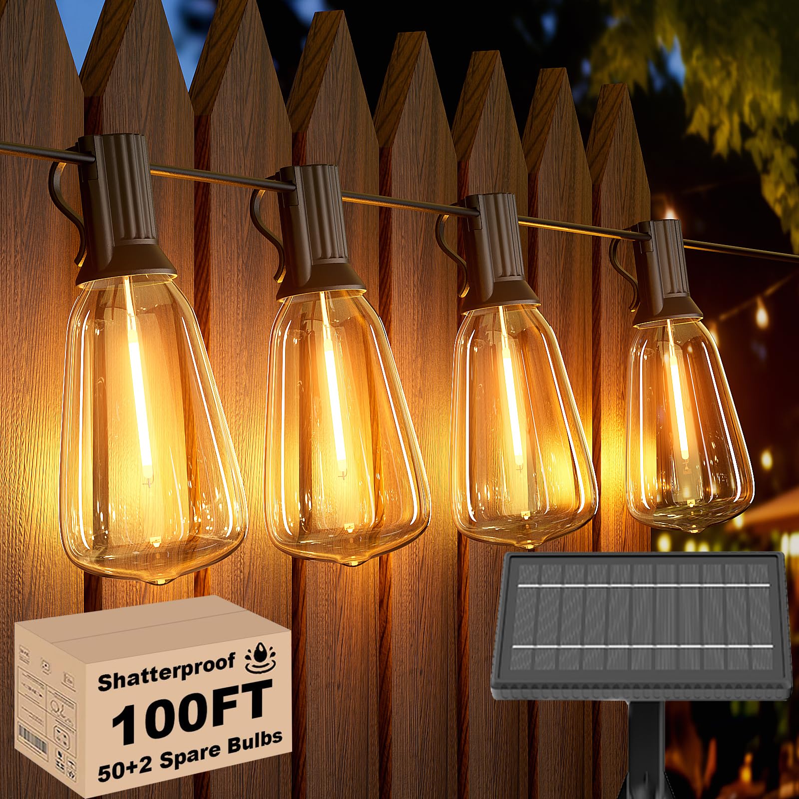 Svater Solar String Lights Outdoor, 100FT ST38 Patio Lights with 52 Shatterproof LED Bulbs(2 Spare), Waterproof Plastic Solar Powered Hanging Lights String for Outside Backyard, Garden, Pergola