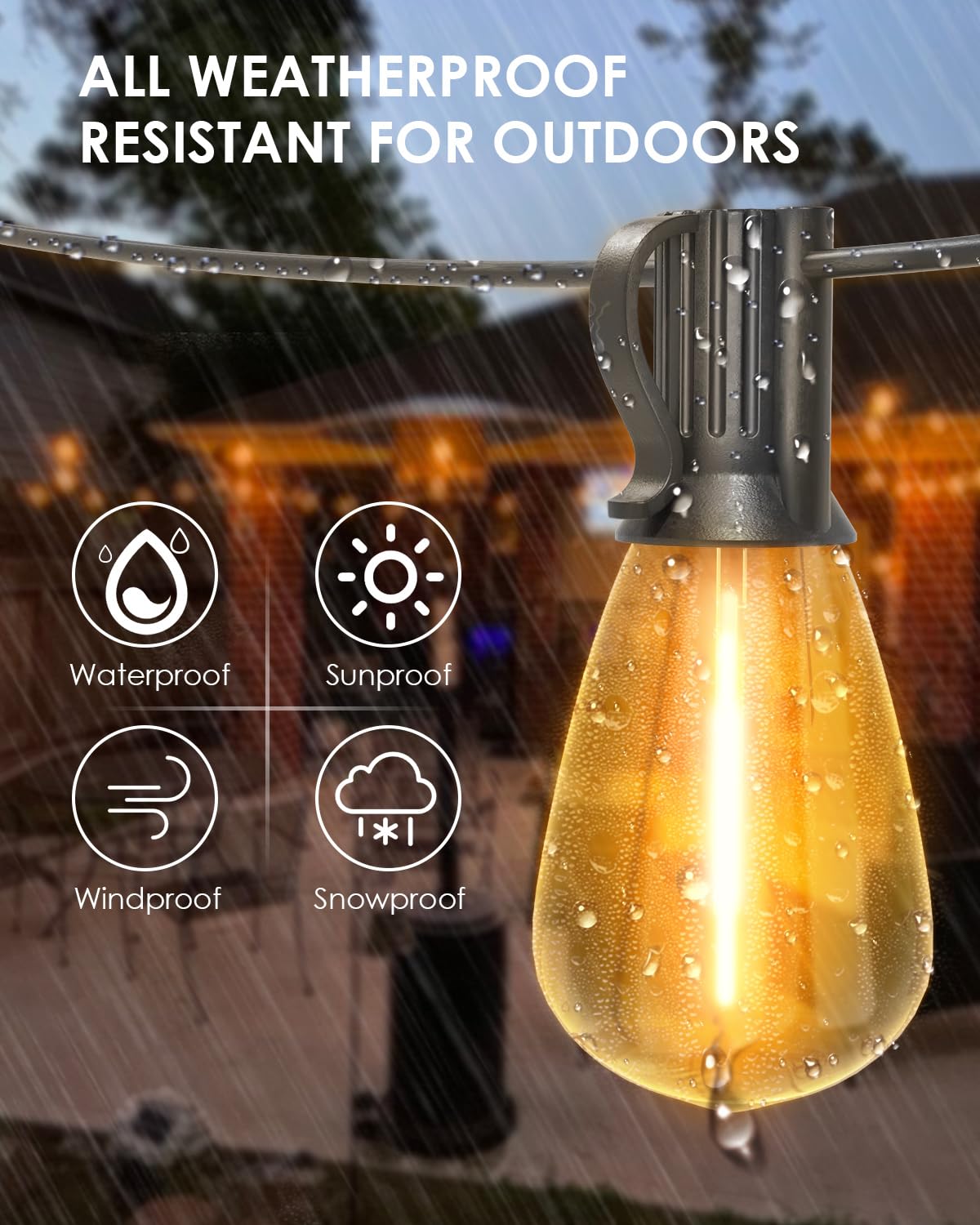 Svater Solar String Lights Outdoor, 100FT ST38 Patio Lights with 52 Shatterproof LED Bulbs(2 Spare), Waterproof Plastic Solar Powered Hanging Lights String for Outside Backyard, Garden, Pergola