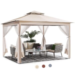 gazebo, cbbpet 11'x 11' pop up gazebo with mosquito netting, outdoor canopy with double roof tops and 121 square feet of shade for patio, group gatherings, camping shelter (khaki)