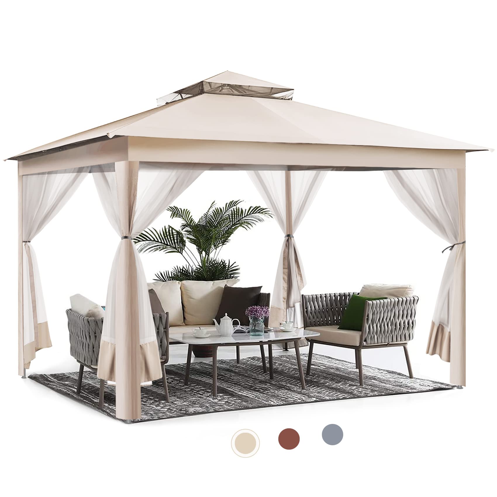 Gazebo, CBBPET 11'x 11' Pop Up Gazebo with Mosquito Netting, Outdoor Canopy with Double Roof Tops and 121 Square Feet of Shade for Patio, Group Gatherings, Camping Shelter (Khaki)