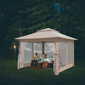 Gazebo, CBBPET 11'x 11' Pop Up Gazebo with Mosquito Netting, Outdoor Canopy with Double Roof Tops and 121 Square Feet of Shade for Patio, Group Gatherings, Camping Shelter (Khaki)