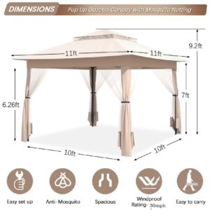 Gazebo, CBBPET 11'x 11' Pop Up Gazebo with Mosquito Netting, Outdoor Canopy with Double Roof Tops and 121 Square Feet of Shade for Patio, Group Gatherings, Camping Shelter (Khaki)