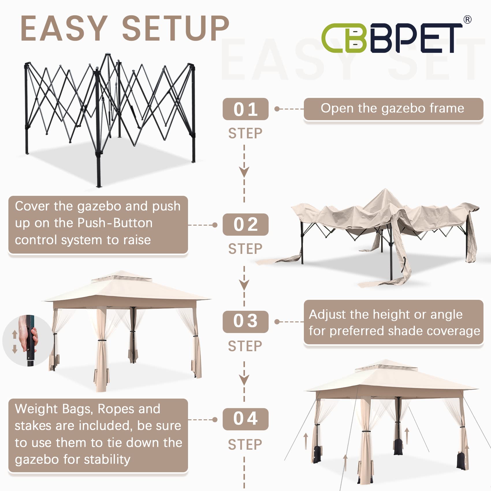 Gazebo, CBBPET 11'x 11' Pop Up Gazebo with Mosquito Netting, Outdoor Canopy with Double Roof Tops and 121 Square Feet of Shade for Patio, Group Gatherings, Camping Shelter (Khaki)