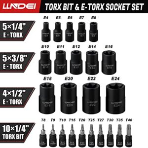 Torx Bit Socket and Female External Socket Set 24PCS, LLNDEI 10 Star Socket Bits (T8-T40)& 14 Female E-Torx Sockets (E4-E24) 1/4" 3/8" 1/2", CR-V, Star Drive Socket Kit with Mini Storage Box