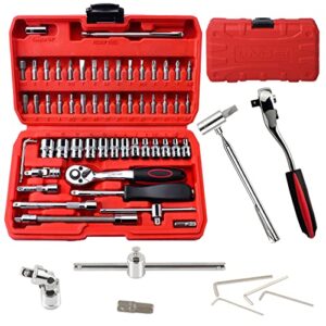 llndei 1/4 inch socket set metric with ratchet wrench 57+1pcs, magnetic pick-up tool, extensions with 1/4" drive bits 30pcs, home repair kit & automotive repair, diy'er (sockets 4-14mm)