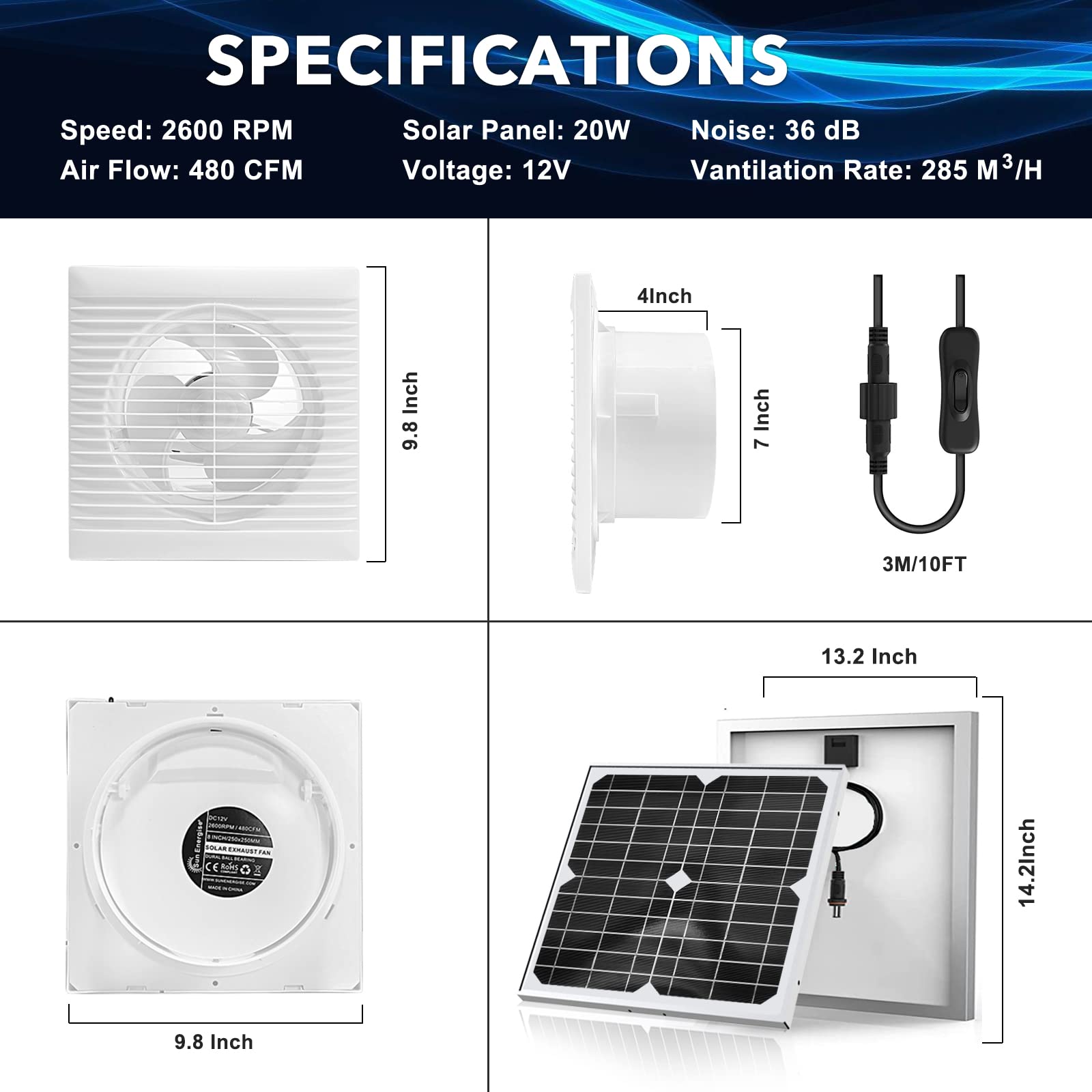 SUN ENERGISE Solar Powered Exhaust Fan Pro, 20W Solar Panel + 8 Inch High Speed Exhaust Fan with Anti-backflow Valve, Wall Mount Ventilation & Cooling Vent for Greenhouse, Shed, Chicken Coop, Garage