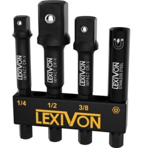 lexivon impact socket adapter & magnetic bit holder set | 4 pieces of 1/4-inch hex shank extension to 1/4", 3/8", and 1/2" drive | includes organizer rack (lx-104)