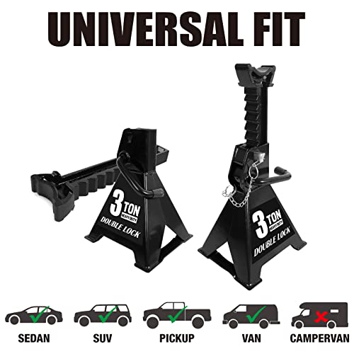 Torin AT43005AB Steel Heavy Duty Jack Stands: Double Locking Pins, 3 Ton (6,000 lb) Capacity, Black, 1 Pair (2 Pack)