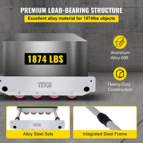 VEVOR All-Terrain Mover Dolly, 30" L x 18.5 "W x 5.5" H Piano Dollies w/ 1874 lbs Load Capacity, Furniture Dolly with 8 Casters, Heavy Duty Alloy Dolly Truck for Heavy Appliance Handling and Moving