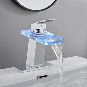 rovogo led faucet for bathroom sink, no battery needed led faucet light color changing glass spout, single handle waterfall faucet with deck plate for 1-hole or 3-hole bathroom sink, chrome