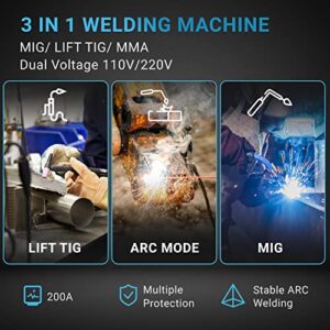 AUTOGEN 200A MIG Welding Machine, 3 in 1 MIG/Lift TIG/MMA Welding Machine, 110V/220V Dual Voltage Stick Welder IGBT DC Inverter