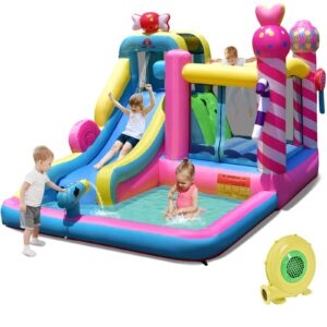 bountech inflatable water slide, candy water bounce house with waterslide wet dry combo for kids backyard party fun w/480w blower, splash pool, water slides inflatables for kids and adults gifts