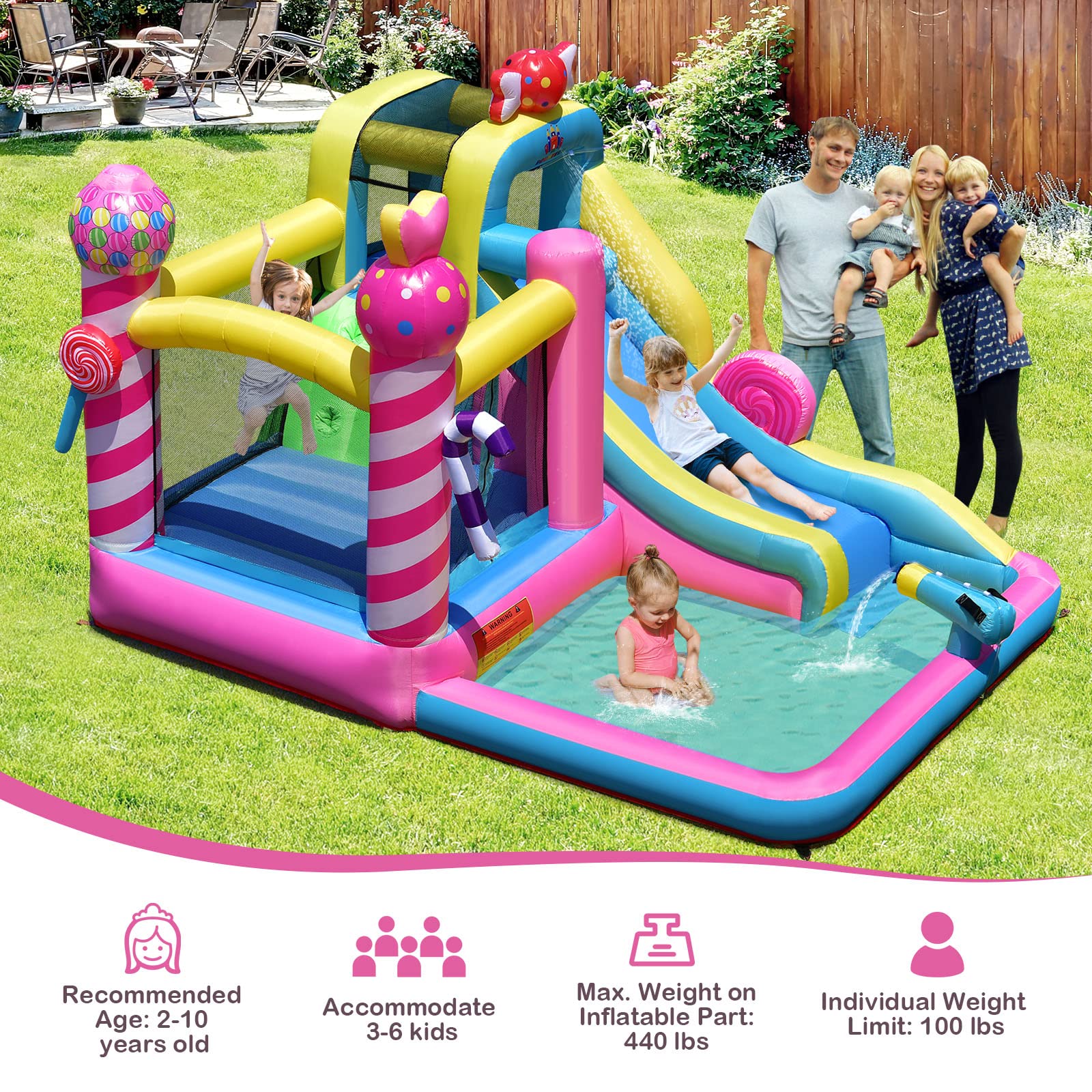 BOUNTECH Inflatable Water Slide, Candy Water Bounce House with Waterslide Wet Dry Combo for Kids Backyard Party Fun w/480W Blower, Splash Pool, Water Slides Inflatables for Kids and Adults Gifts