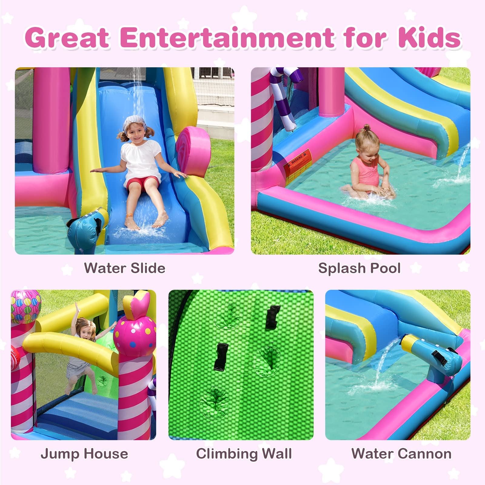 BOUNTECH Inflatable Water Slide, Candy Water Bounce House with Waterslide Wet Dry Combo for Kids Backyard Party Fun w/480W Blower, Splash Pool, Water Slides Inflatables for Kids and Adults Gifts