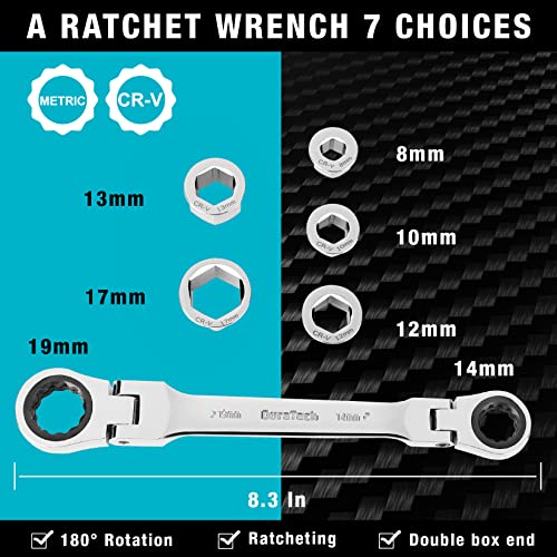 DURATECH Flex-Head Double Box End Ratcheting Wrench Set, 7-In-1 Metric Wrench Set, 8-19mm, 72 Tooth Gear, CR-V Steel, with Tool Organizer