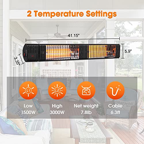 thermomate Infrared Electric Patio Heater, 3000W Carbon Fiber Heating for Outdoor/Indoor, Porch, Deck, Garage with Remote 24 Hours Timer, Hard Wired 240V