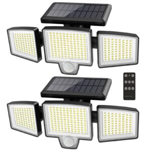 atronor solar wall security flood lights, 265 led 2800lm with motion senor, outdoor, remote control, 3 lighting modes, 3 heads, 270° wide, ip65 waterproof, 2 packs