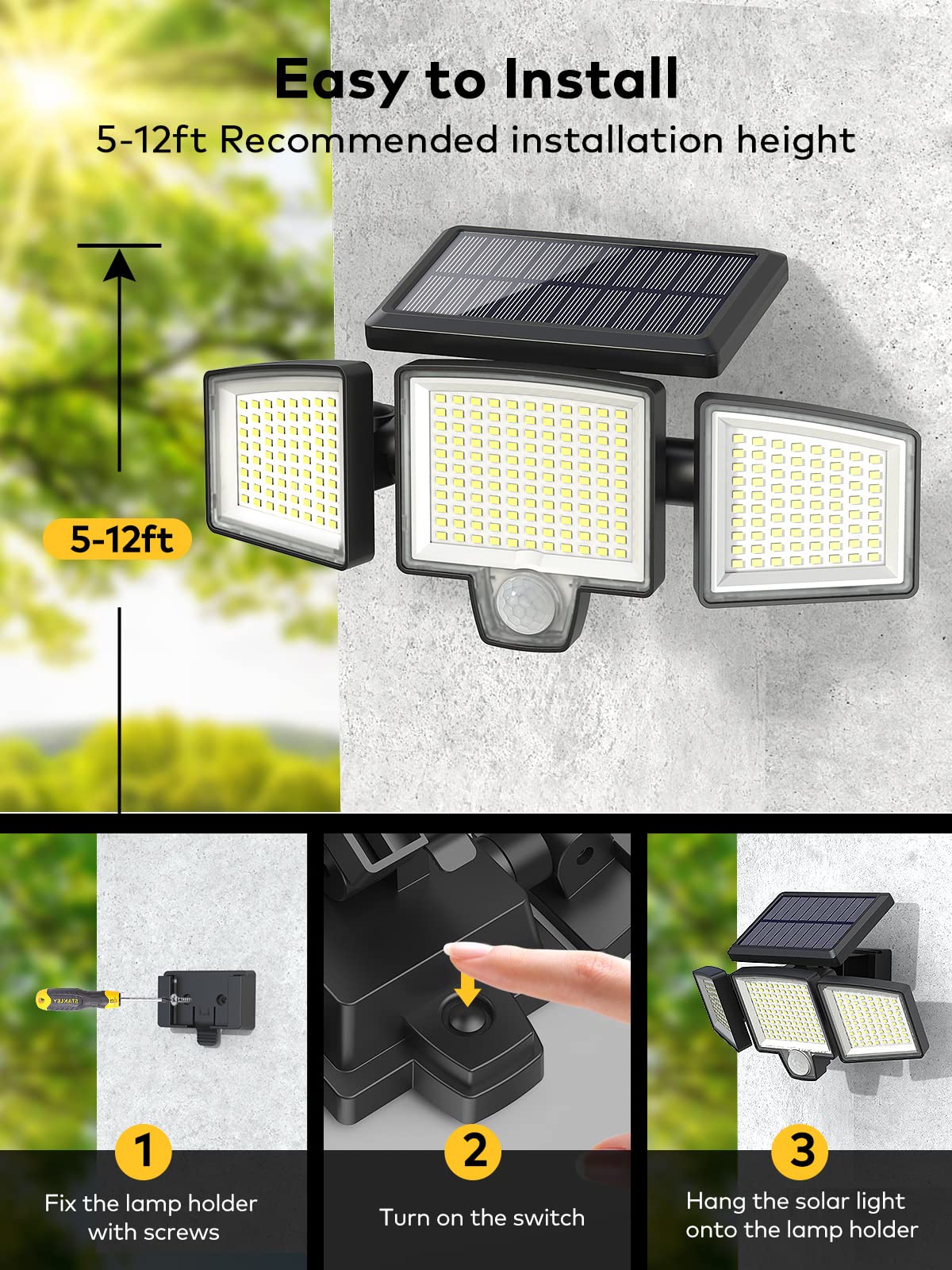 Atronor Solar Wall Security Flood Lights, 265 LED 2800LM with Motion Senor, Outdoor, Remote Control, 3 Lighting Modes, 3 Heads, 270° Wide, IP65 Waterproof, 2 Packs