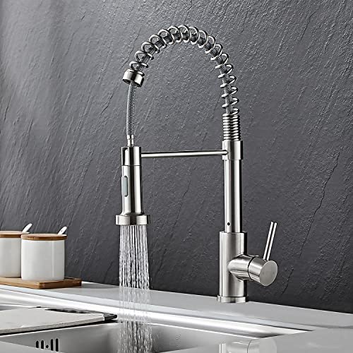 KSUCBOHAR Brushed Kitchen Faucet with Pull Down Sprayer, Solid Brass Single Handle High Arc Spring Pull Down Kitchen Sink Faucet Without Bottom Plate, Brushed