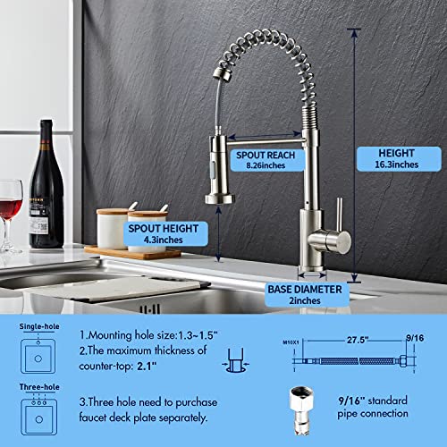 KSUCBOHAR Brushed Kitchen Faucet with Pull Down Sprayer, Solid Brass Single Handle High Arc Spring Pull Down Kitchen Sink Faucet Without Bottom Plate, Brushed