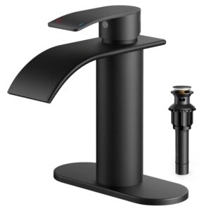 forious matte black bathroom faucet, waterfall bathroom sink faucet for 1 hole or 3 holes, single handle vanity faucet with metal pop up drain, stainless steel basin sink faucet tap for rv lavatory