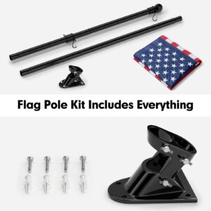 American Flag and Flag Pole for House Outside, 5ft Heavy Duty Flag Pole Kit with 3x5 Embroidered USA Flag, Tangle Free Steel Black Flag Pole with Bracket for Residential, Commercial, Outdoors Garden