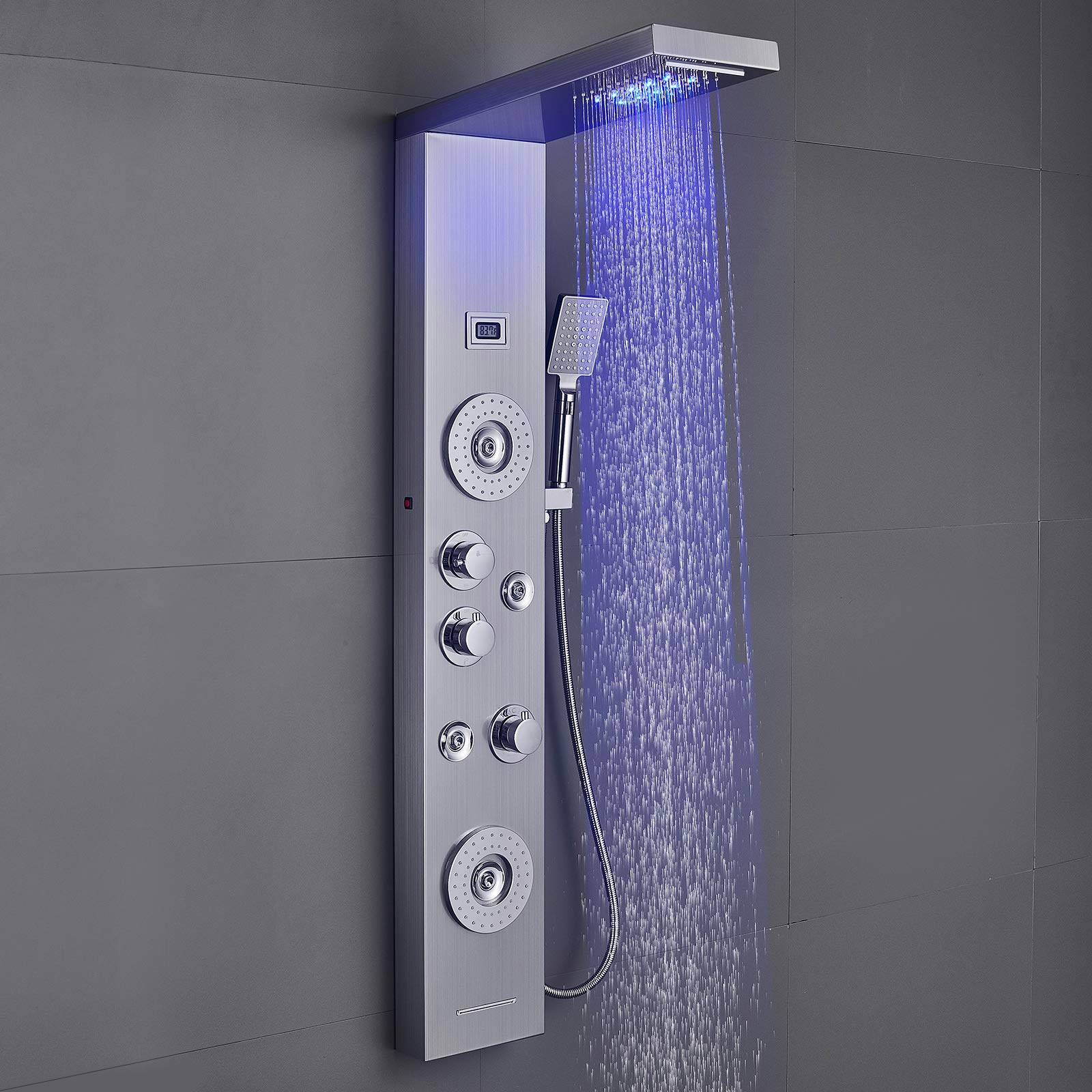 ROVOGO LED Shower Panel Tower System with Rainfall Waterfall Shower Head, 2 Body Jets, 4 Mist Spray, Tub Spout and Handheld, Shower Column with Temp Display, Black